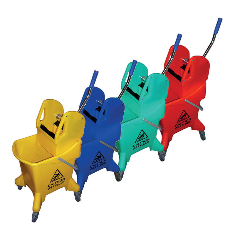 Blue Green Red and Yellow Mop Buckets next to each other