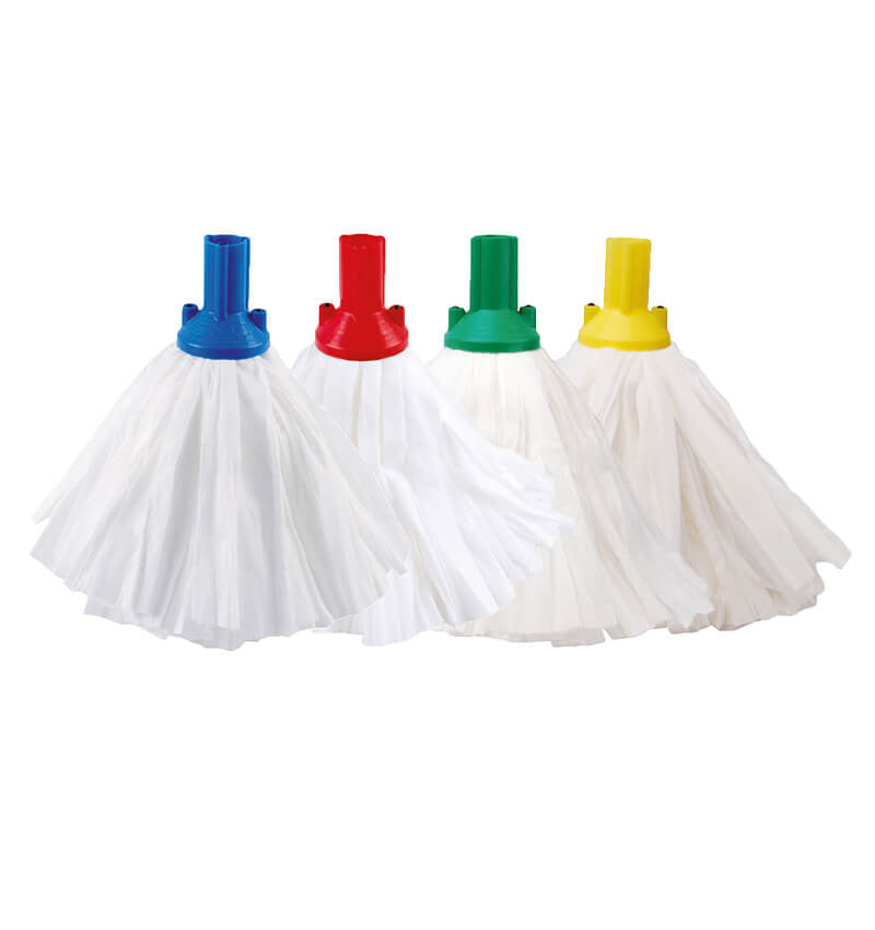 Blue Green Red and Yellow Exel Mop Heads alongside closeup of Mop Head Socket