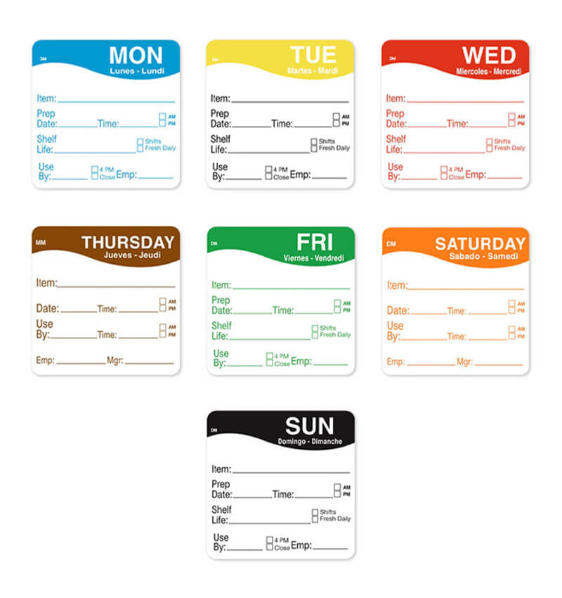 Individual Food Labels for each day of the week next to each other