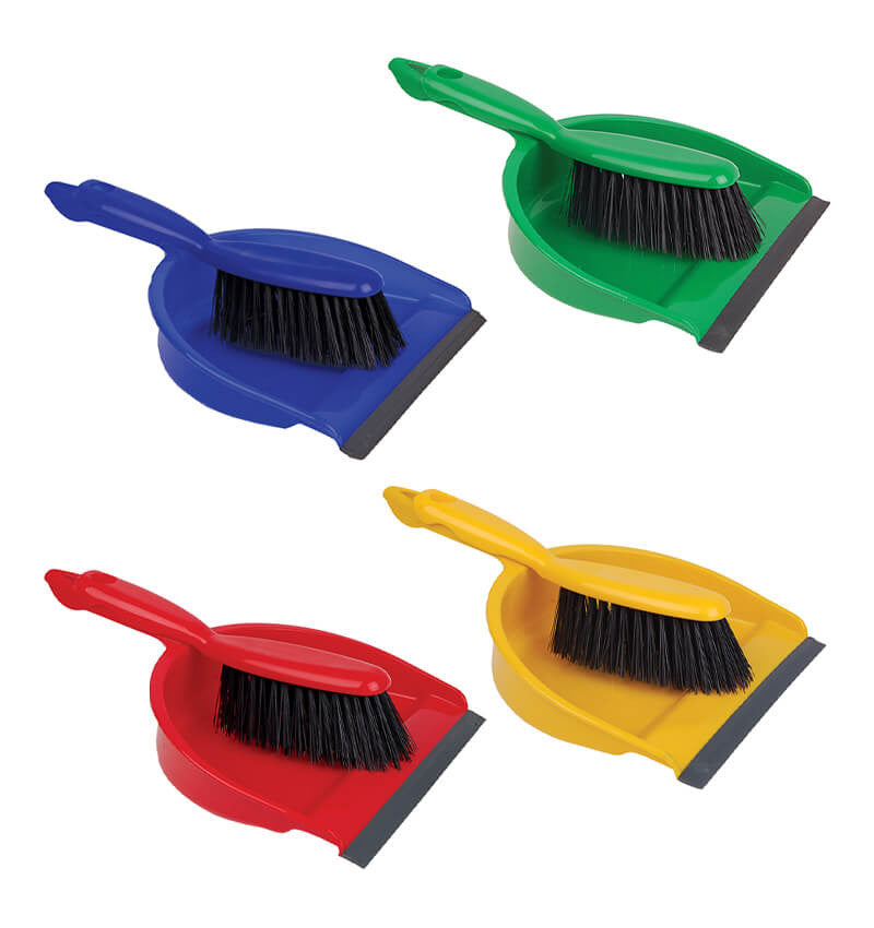 Blue Red Green Grey and Yellow Dustpan and Brushes next to each other
