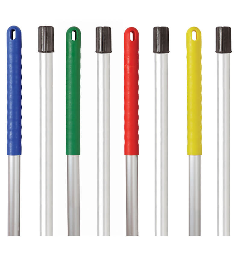 Blue Yellow Red and Green Exel Mop Handles next to each other alongside close up of knob