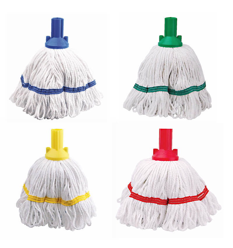 Red Yellow Green and White Mop Heads alongside a Blue Mop Head being used