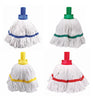 Red Yellow Green and White Mop Heads alongside a Blue Mop Head being used