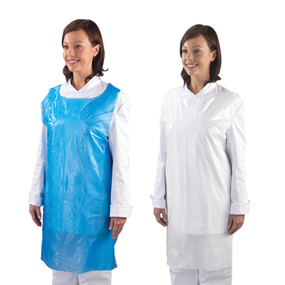 Two ladies wearing blue and white Disposable Polythene Economy Flat Pack Apron