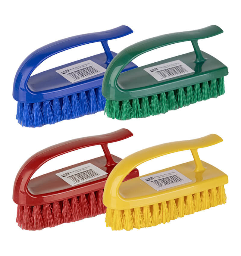 Blue Yellow Red and Green Scrubbing Brushes next to each other.