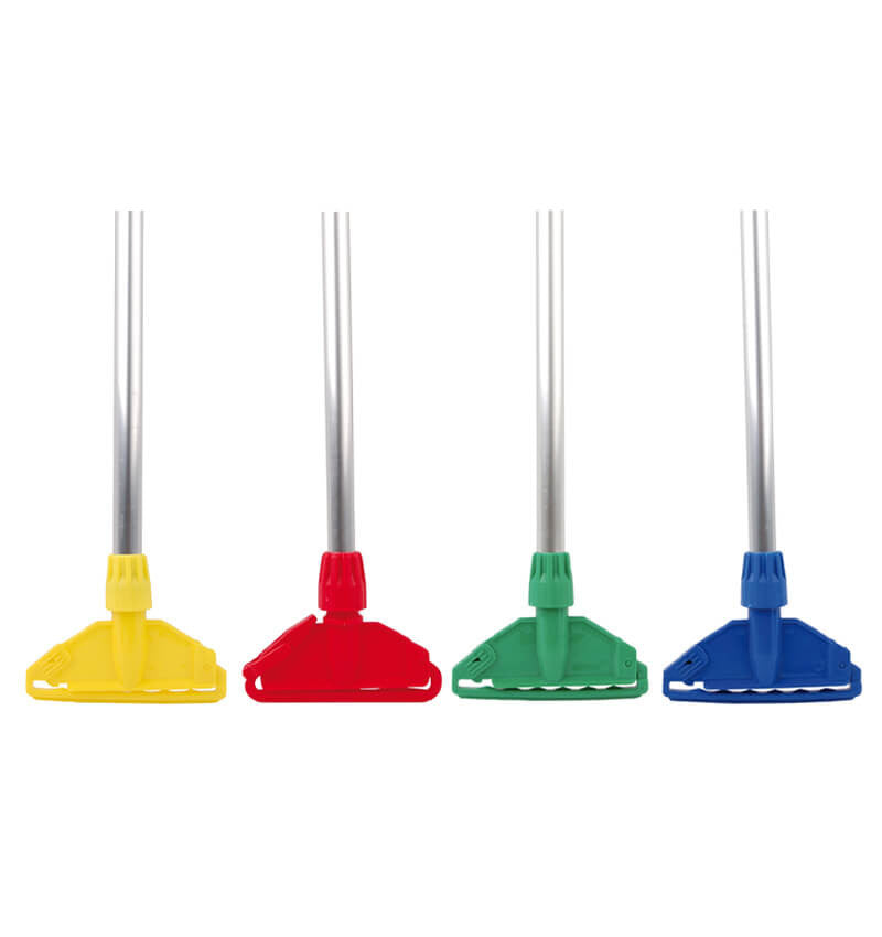 Blue Yellow Red and Green Mop Handles and clips alongside a Mop