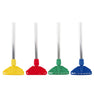 Blue Yellow Red and Green Mop Handles and clips alongside a Mop