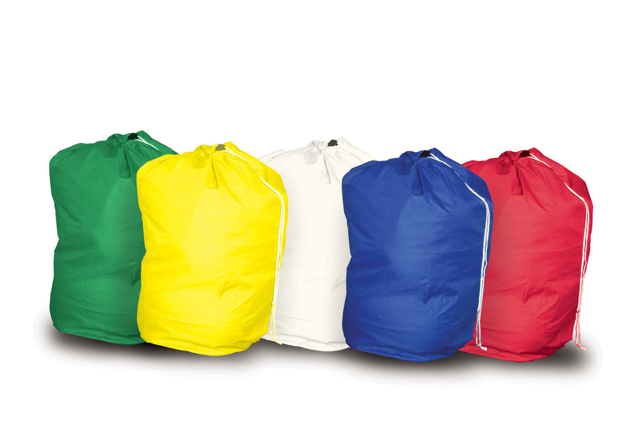 Group of Green Yellow White Blue and Red Linen Laundry Bags