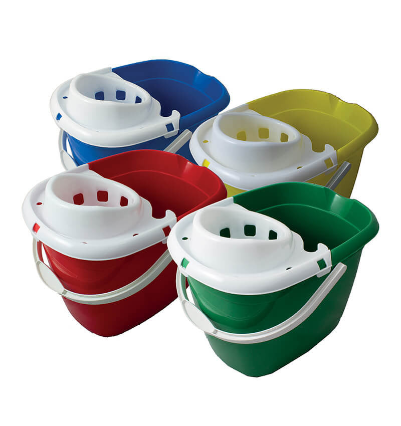 Group of Blue Green Red Yellow and White Plastic Mop Buckets