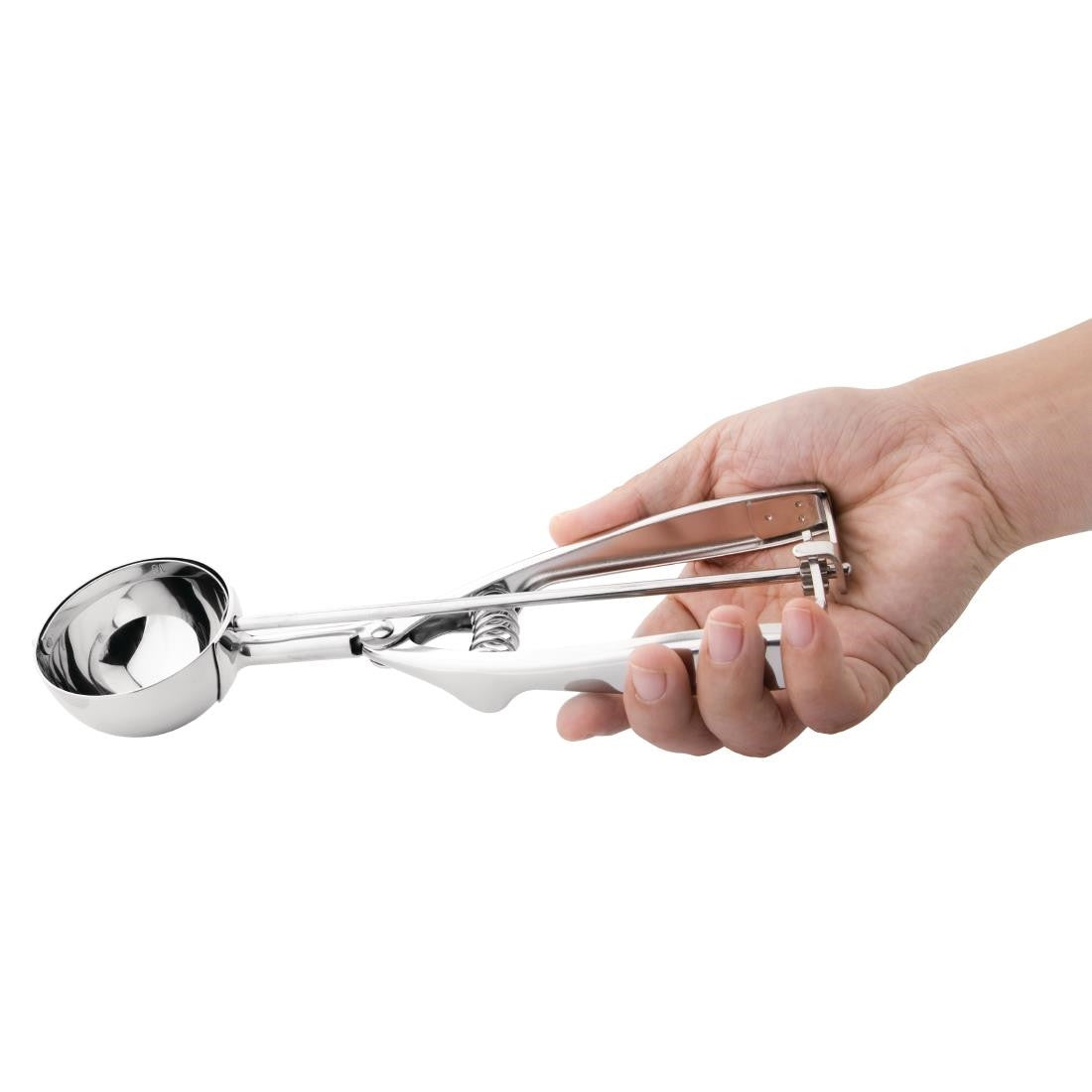 Hand holding Vogue Stainless Steel Portioner Size 16.