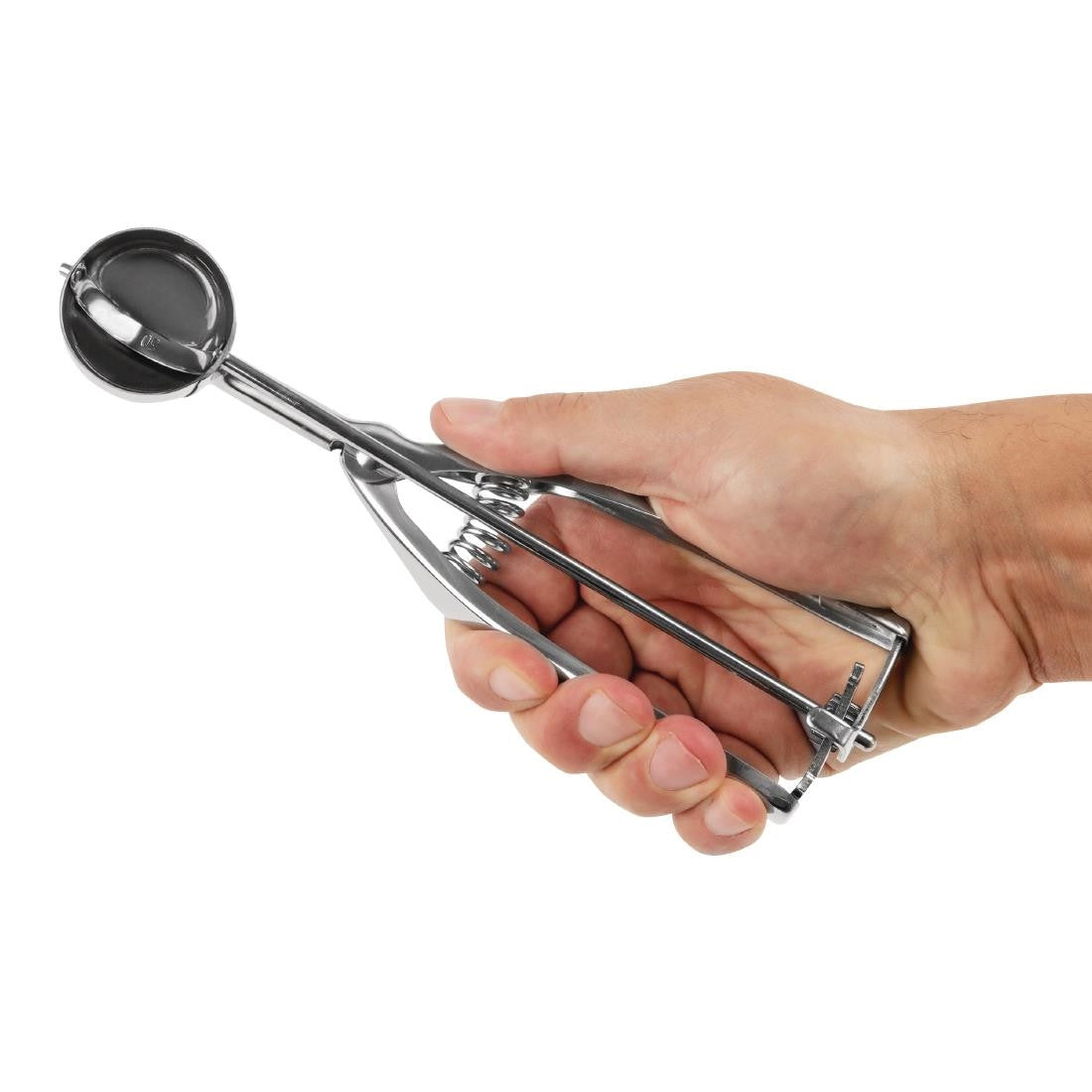 Hand holding Vogue Stainless Steel Portioner Size 50.