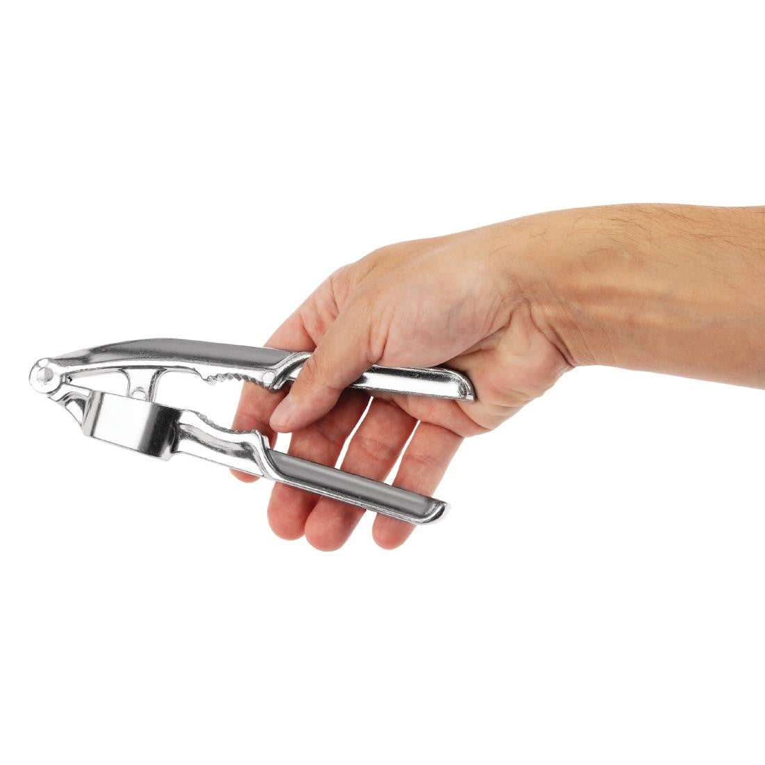 Vogue Hand Operated Garlic Press in hand.