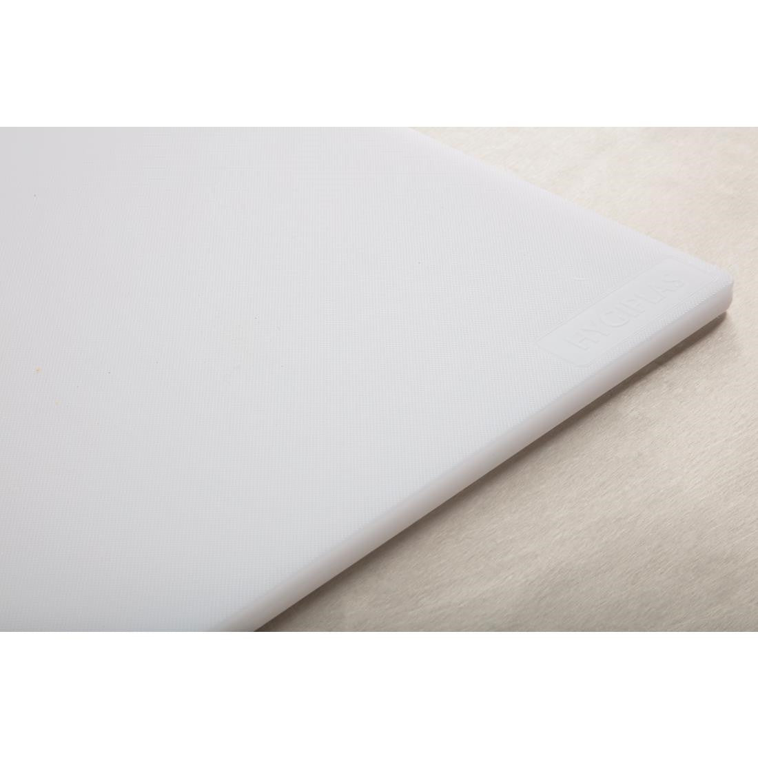 Hygiplas Low Density White Chopping Board Standard corner with logo.
