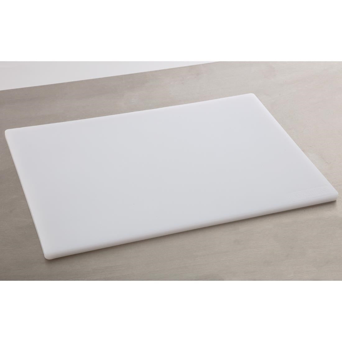 Hygiplas Low Density White Chopping Board Standard on table.
