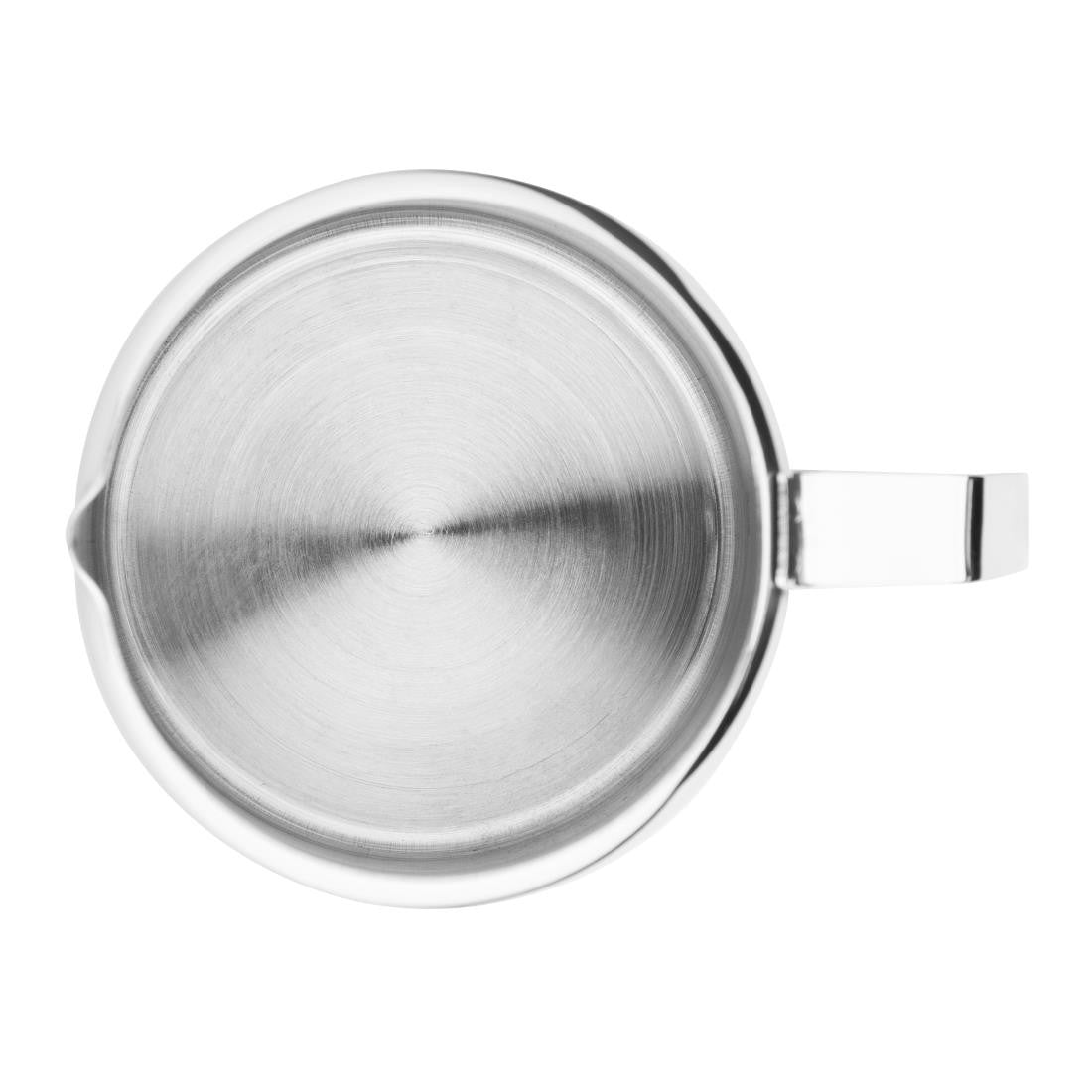 Top view of Olympia Concorde Stainless Steel Milk Jug 285ml with lid.