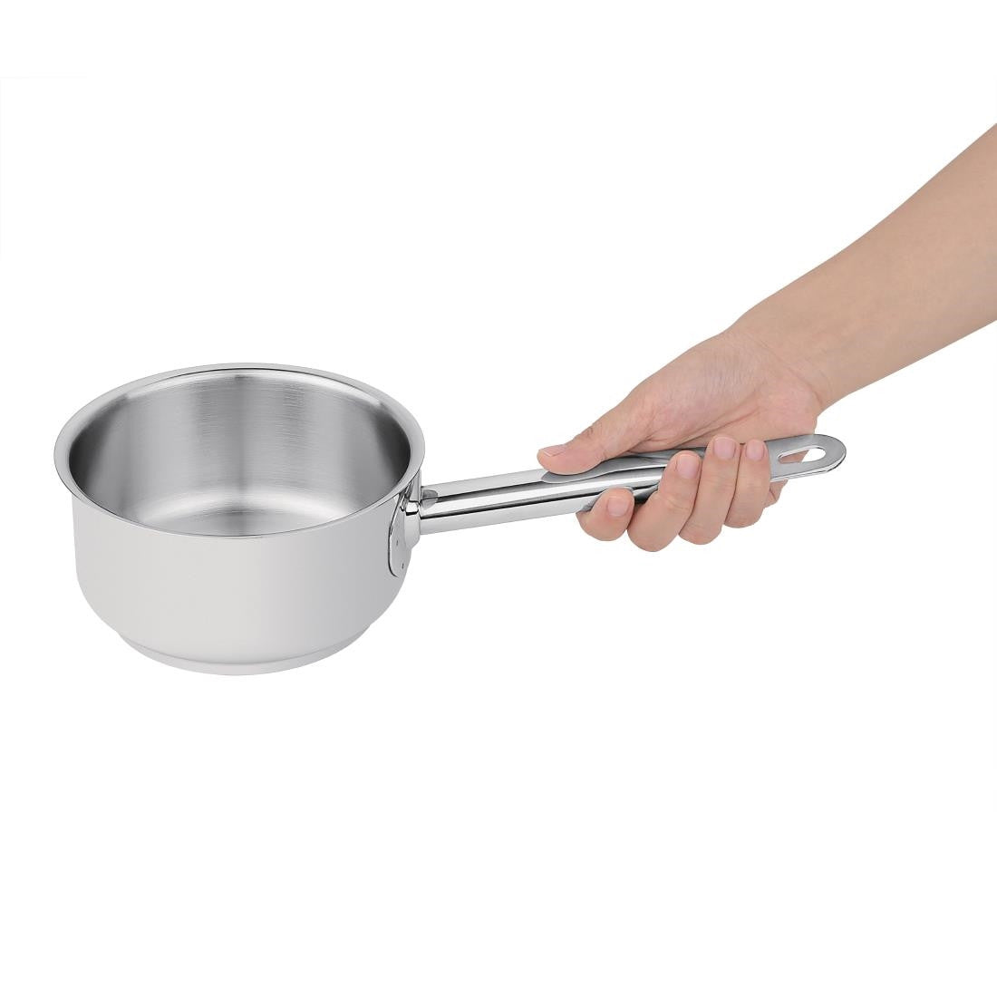 Hand holding Vogue Stainless Steel Saucepan 900ml.
