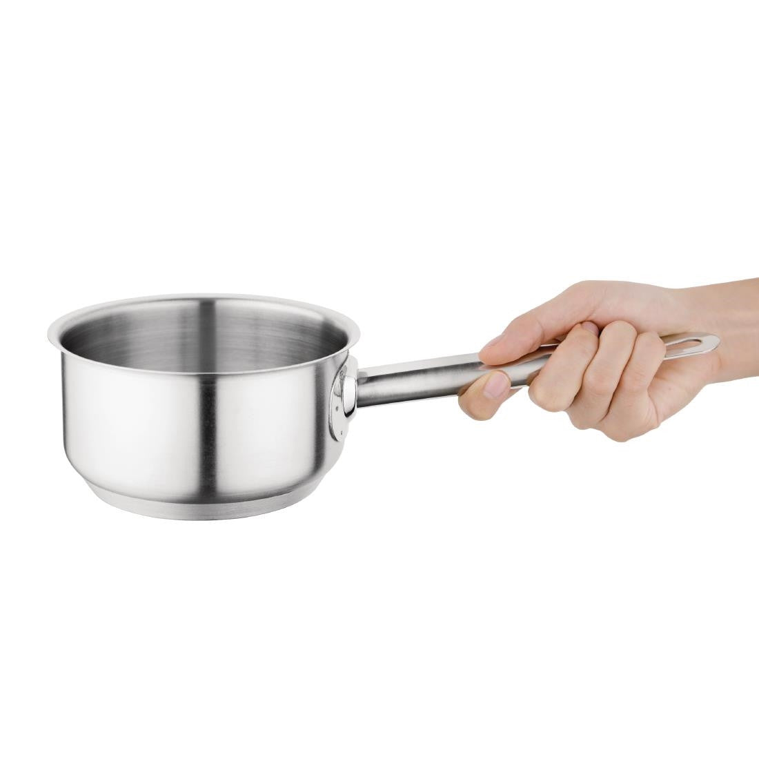 Vogue Stainless Steel Saucepan 900ml in hand.