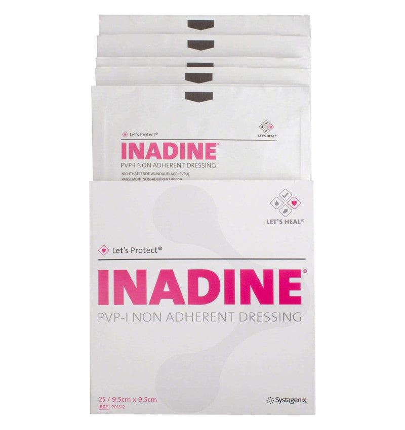 A box and sample of 9.5 x 9.5cm Inadine PVP Dressing pack