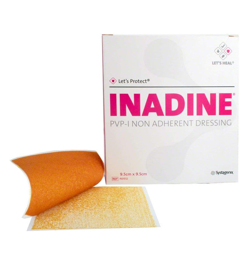 A box and sample of 9.5 x 9.5cm Inadine PVP Dressing