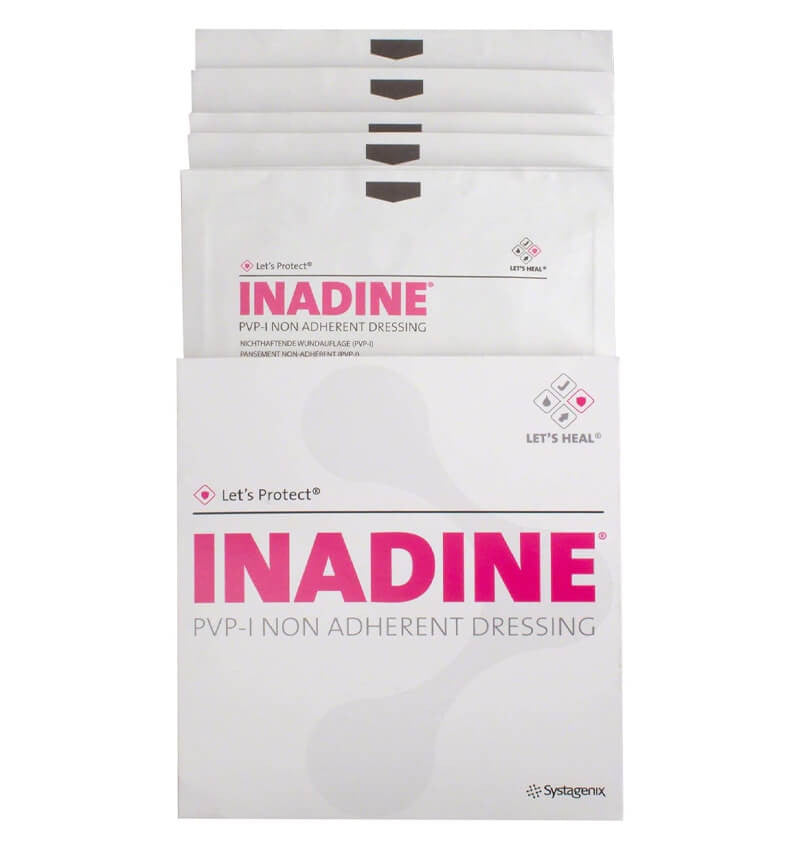 A box and sample of 5 x 5cm Inadine PVP Dressing packet
