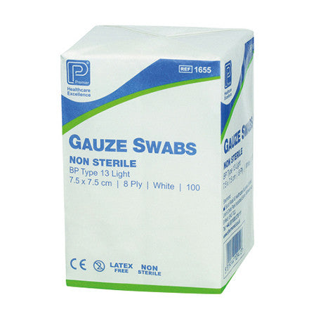 Premier Healthcare Absorbent Cotton Gauze Swab Non Sterile 7.5cm x 7.5cm 100 Pack