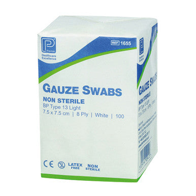 Premier Healthcare Absorbent Cotton Gauze Swab Non Sterile 7.5cm x 7.5cm 100 Pack