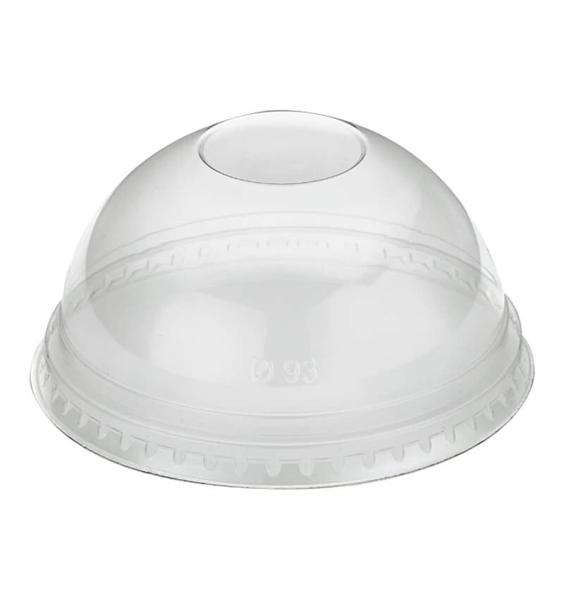 Full shot of RPET Domed Lid With Hole For 12oz Clear Cold Cup.