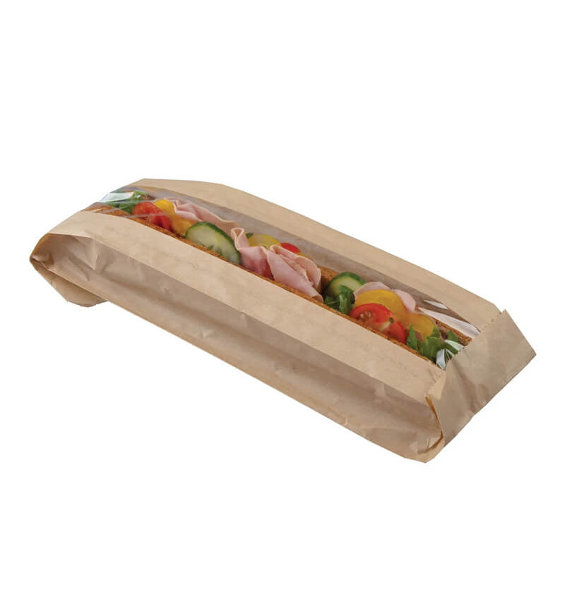 Side shot of Colpac 300mm/12 Inches Kraft Baguette Bag with content.