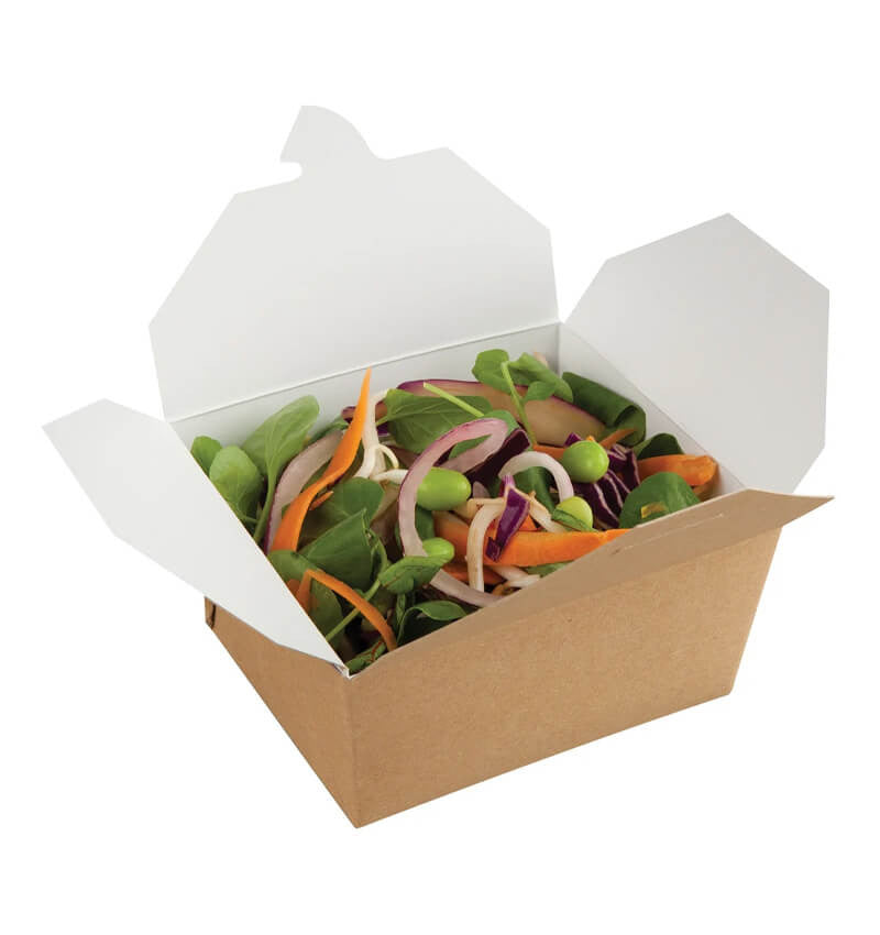 Full shot of Colpac Microwaveable Kraft Cardboard Takeaway Containers 750ml 118 x 97 x 92mm With Content.
