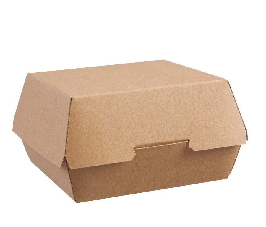 Side shot of Colpac Large Kraft Clamshell Takeaway Burger Box 135 x 125mm.