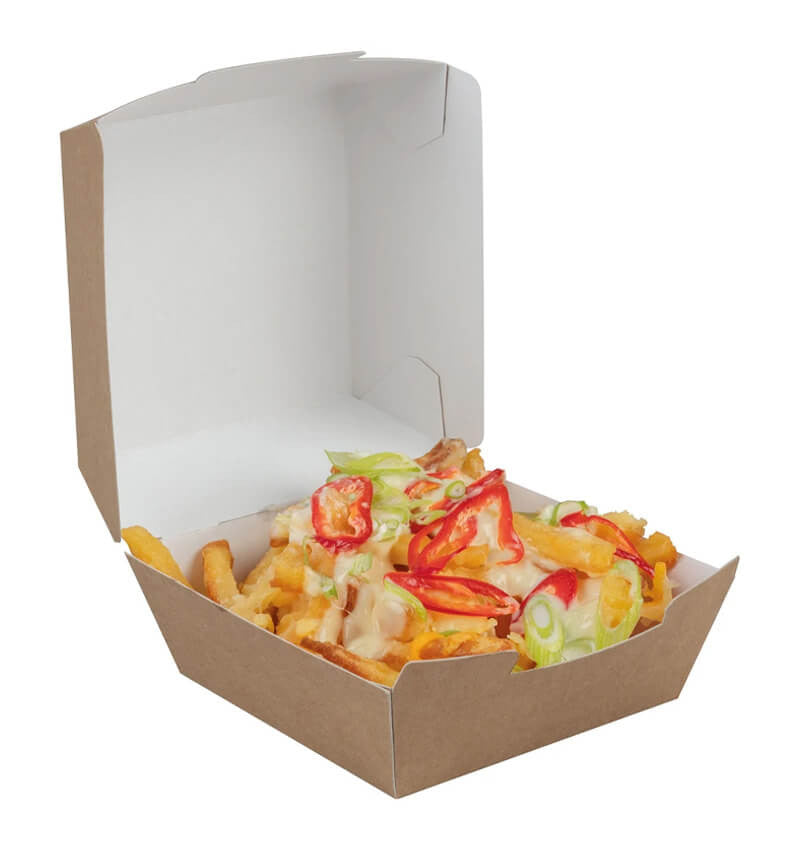 Side shot of Colpac Large Kraft Clamshell Takeaway Burger Box 135 x 125mm with content.