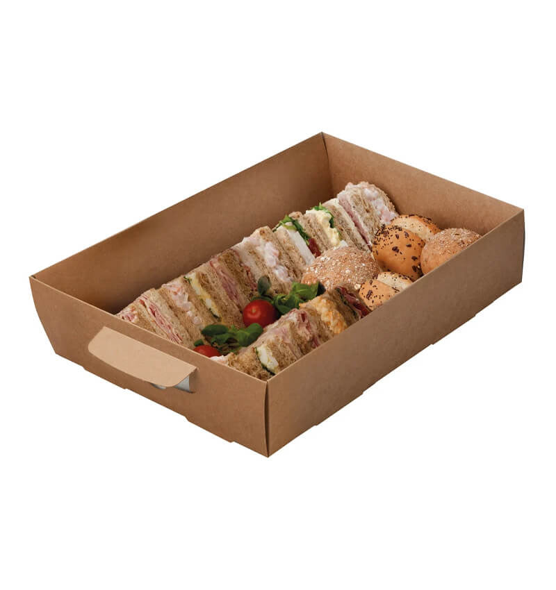Full shot of Colpac Kraft Medium Platter Base 402 x 260 x 82.5mm With Content.