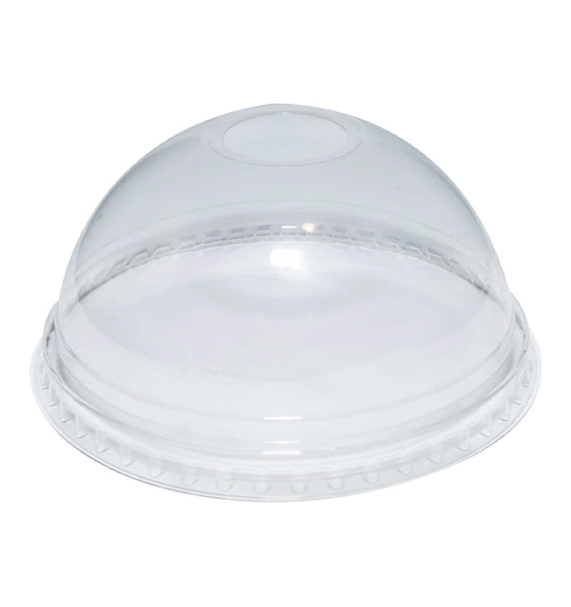 Full shot of RPET Domed Lid With No Hole For 12oz Clear Cold Cup.