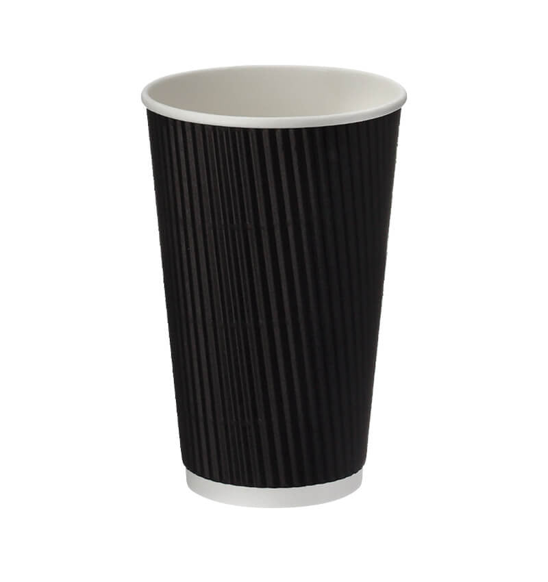 Full shot of Disposable 16oz Black Ripple Wall Coffee Cups.