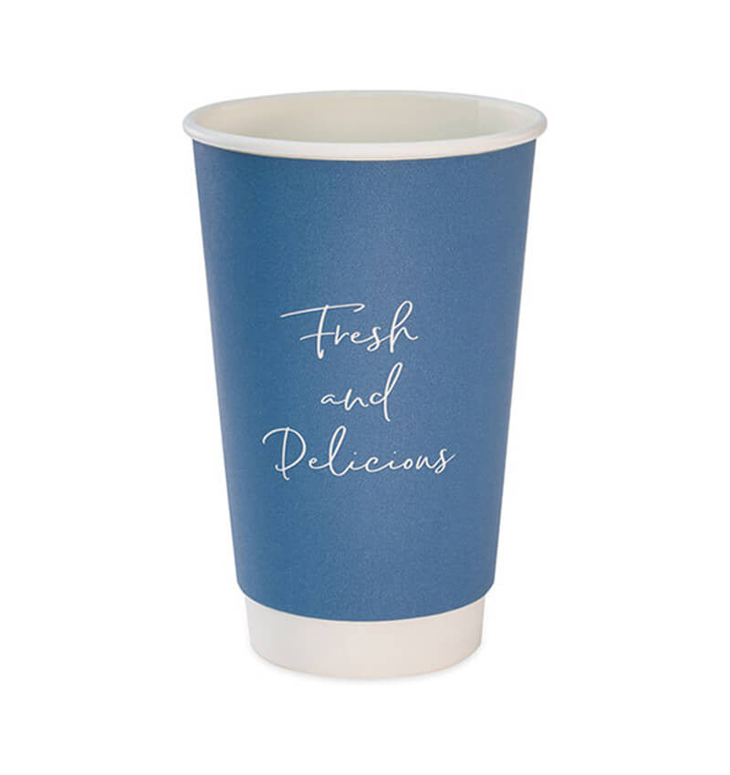 Full shot of 16oz Blue Double Wall Coffee Cup With With Message On.