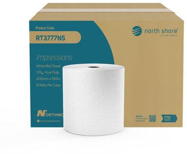 North Shore 1 Ply White Embossed TAD Roll Towel 6 Pack