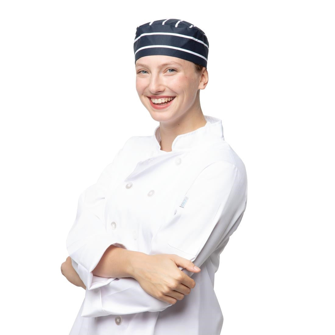 Whites Chefs Skull Cap Blue and White Butchers Stripe A171