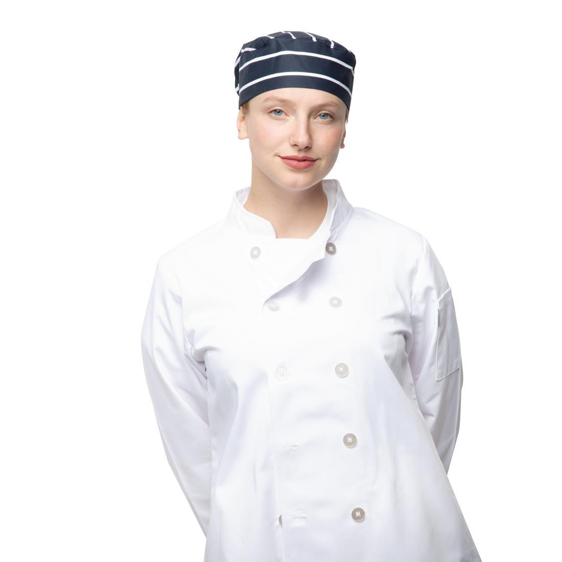 Whites Chefs Skull Cap Blue and White Butchers Stripe A171