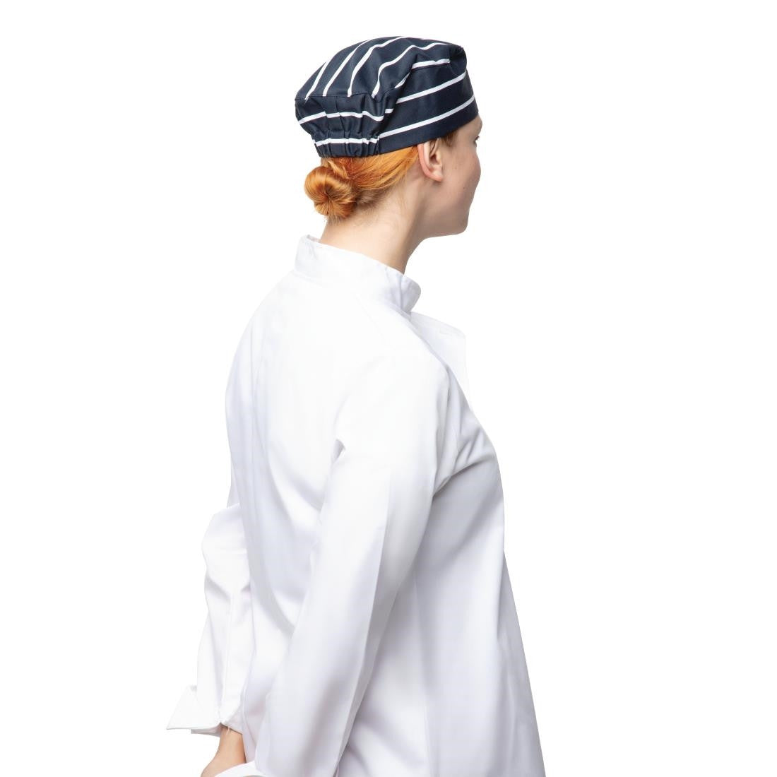 Whites Chefs Skull Cap Blue and White Butchers Stripe A171