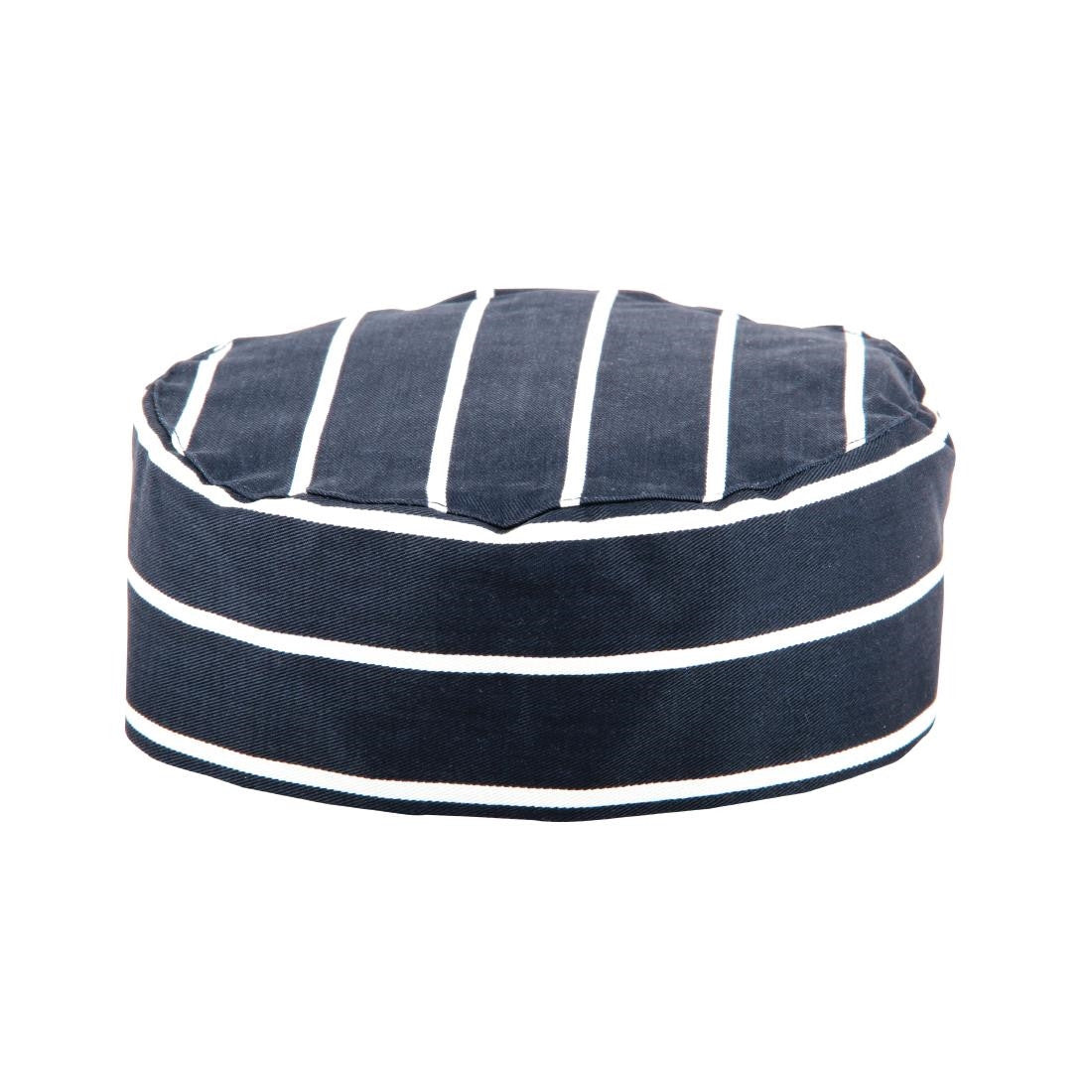 Whites Chefs Skull Cap Blue and White Butchers Stripe A171