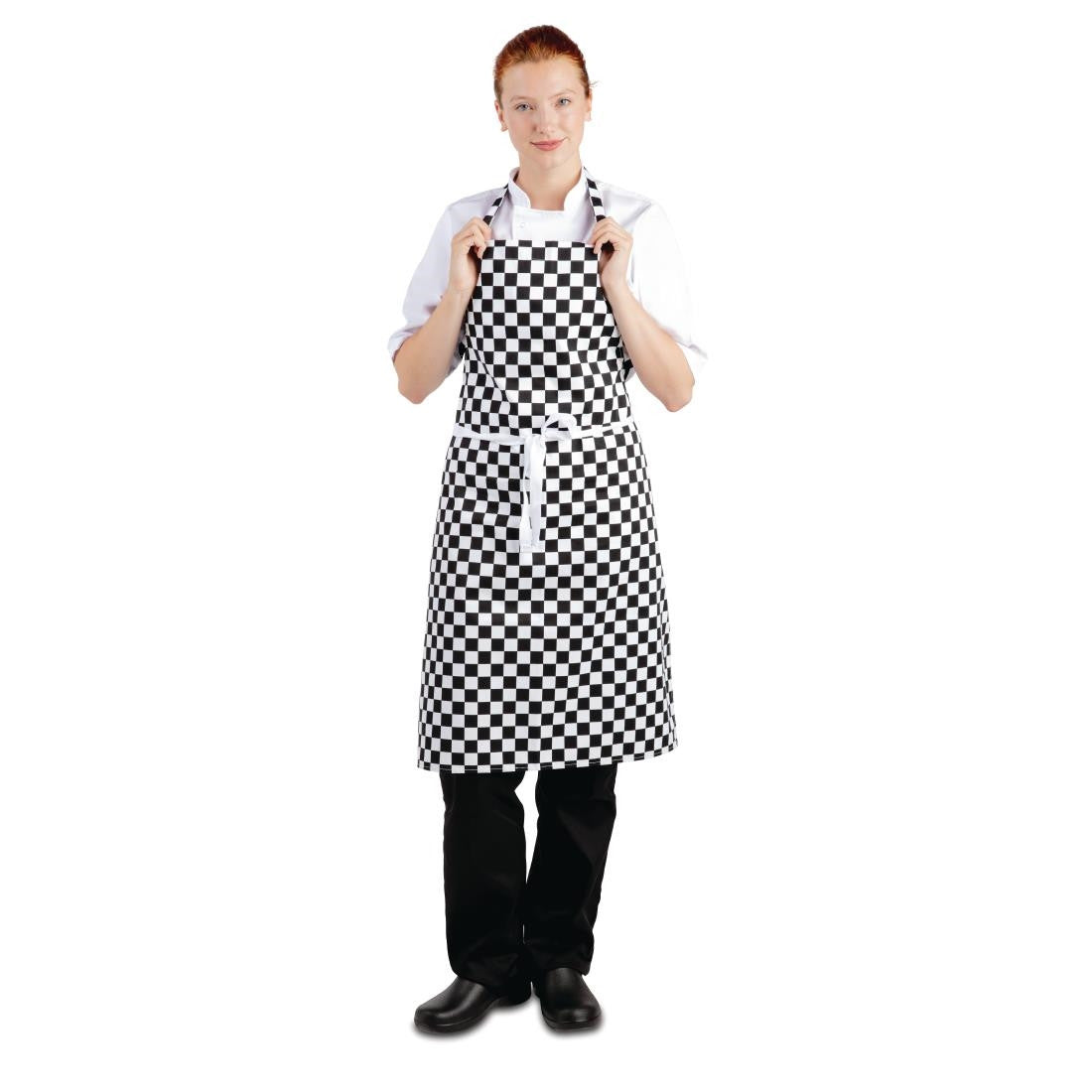 Lady Chef wearing Whites Bib Apron Black and White Check.