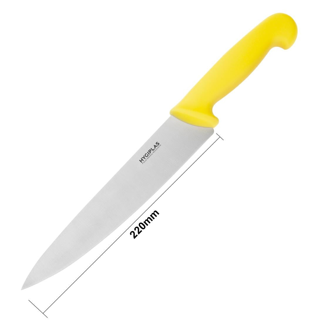 Hygiplas Chefs Knife Yellow 21.5cm with measurement.