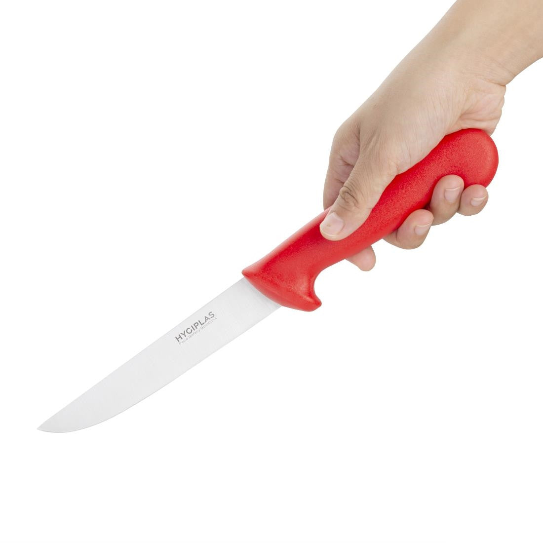 Hygiplas Stiff Blade Boning Knife Red 15cm in hand.