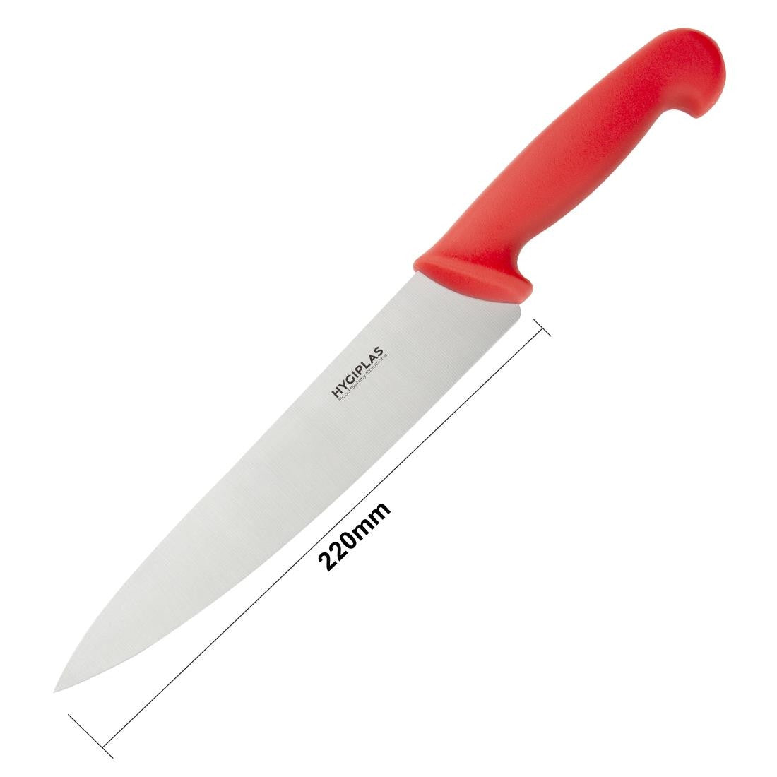Hygiplas Chefs Knife Red 21.5cm with measurement.