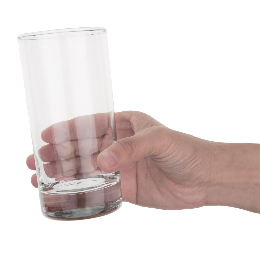 Hand holding an empty Olympia Hi Ball Glasses 285ml.