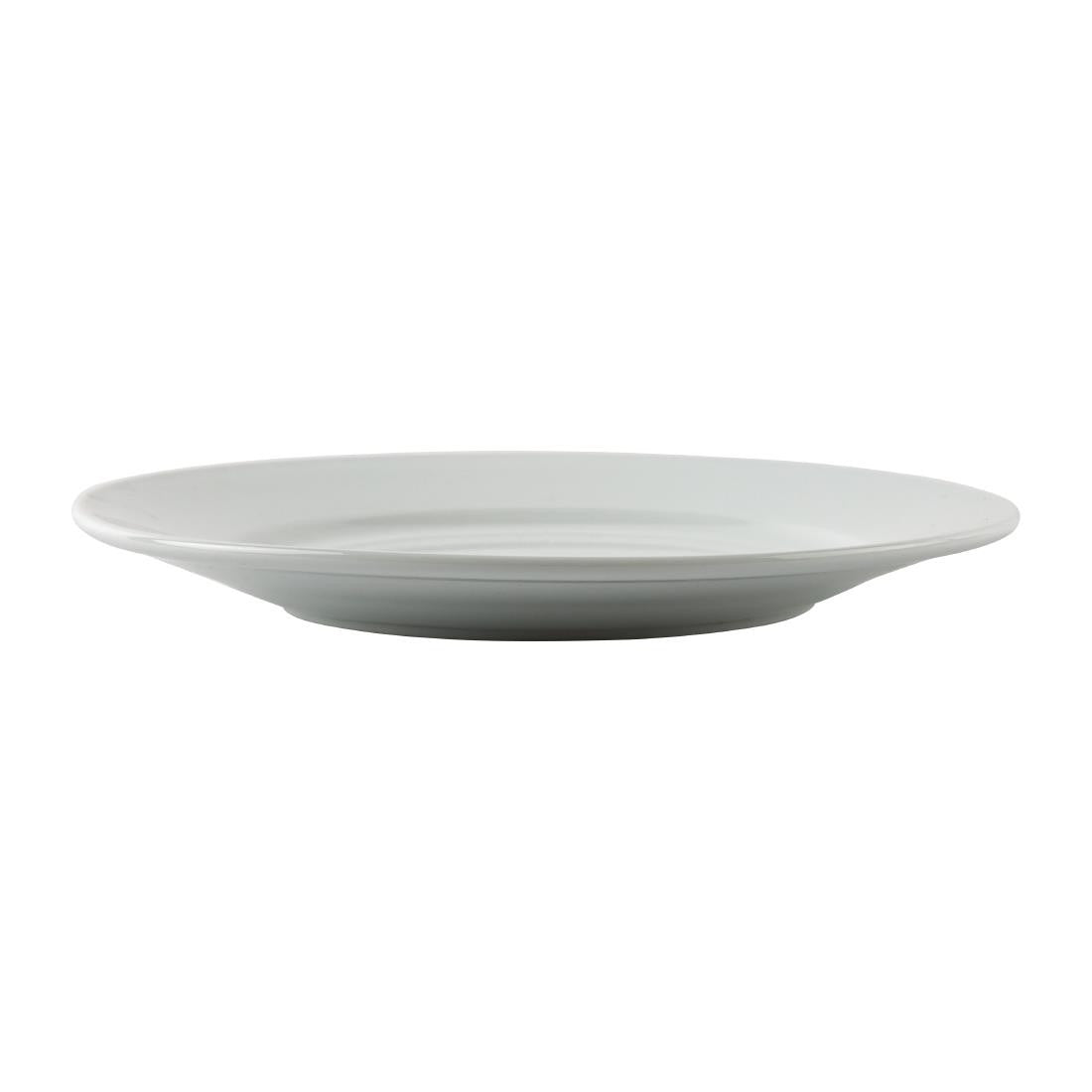 Side view of Olympia Athena Wide Rimmed Plates 228mm White in a white background.