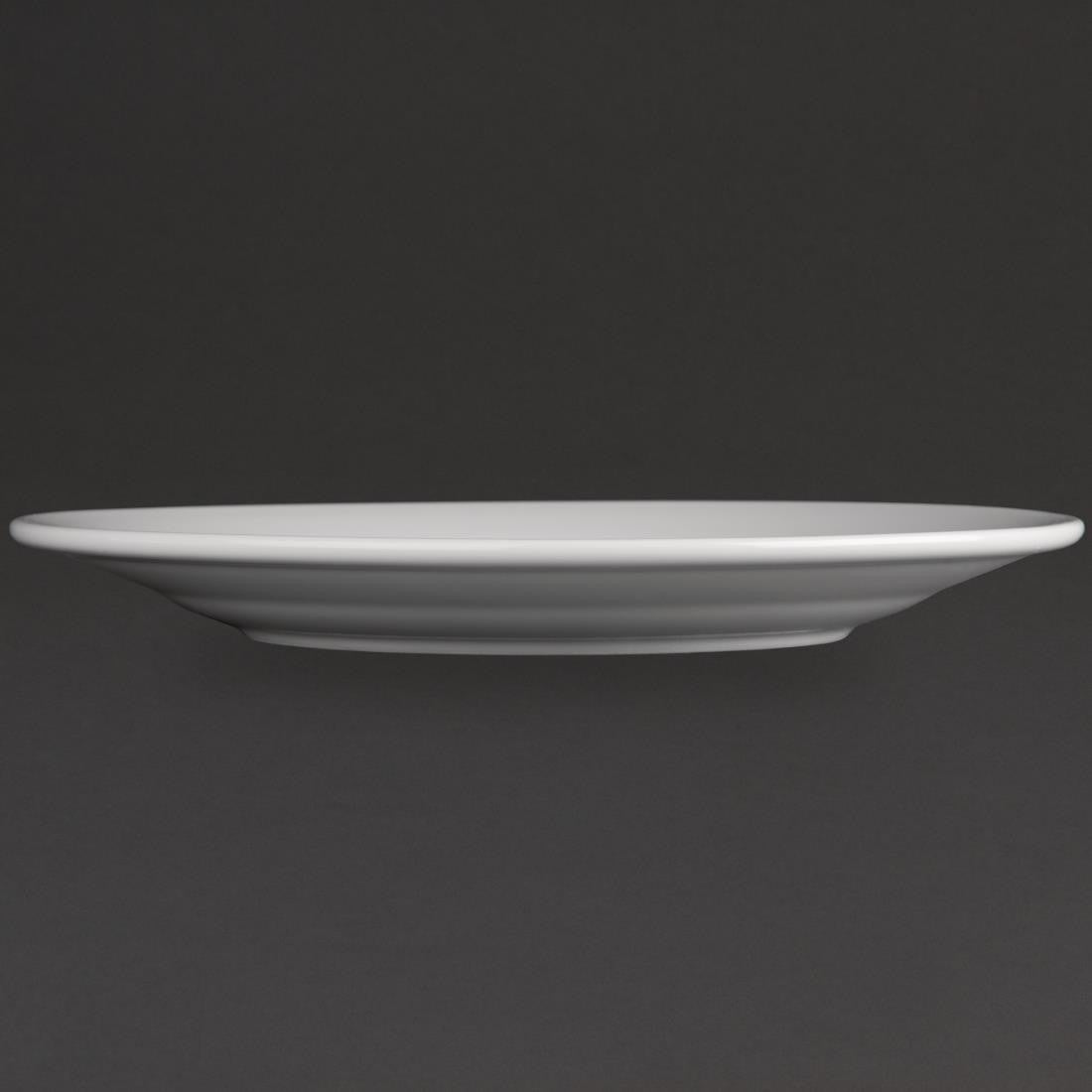 Side view of Olympia Athena Wide Rimmed Plates 228mm White in a black background.