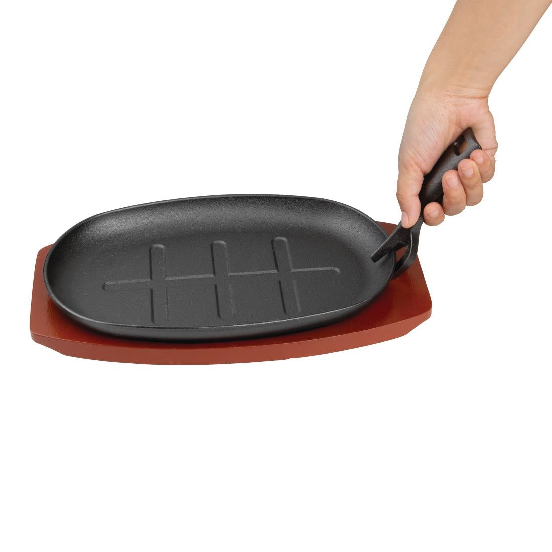 Olympia Cast Iron Oval Sizzler with Wooden Stand 280mm CC310