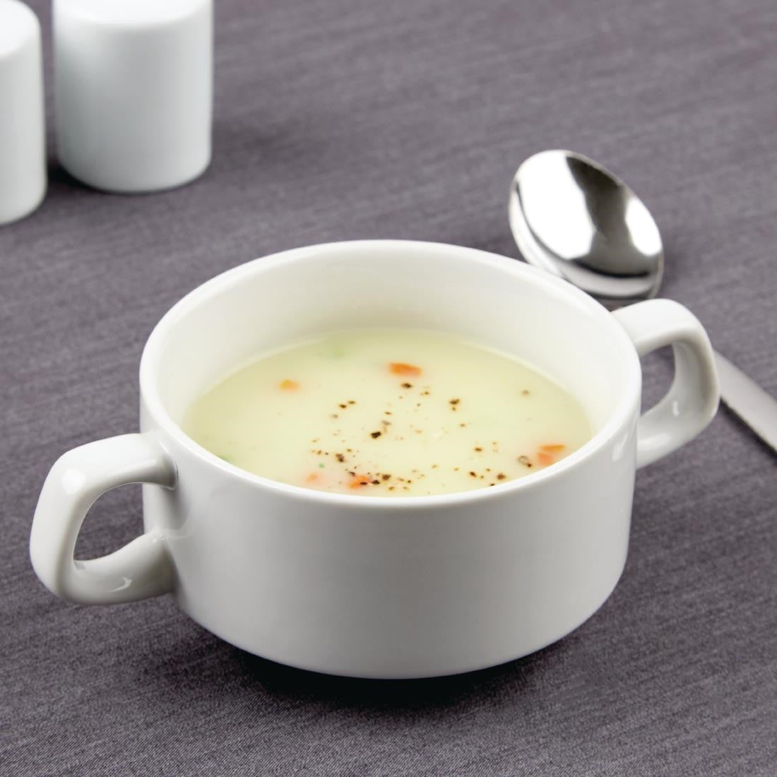 Olympia Athena Stacking Soup Bowls with soup.