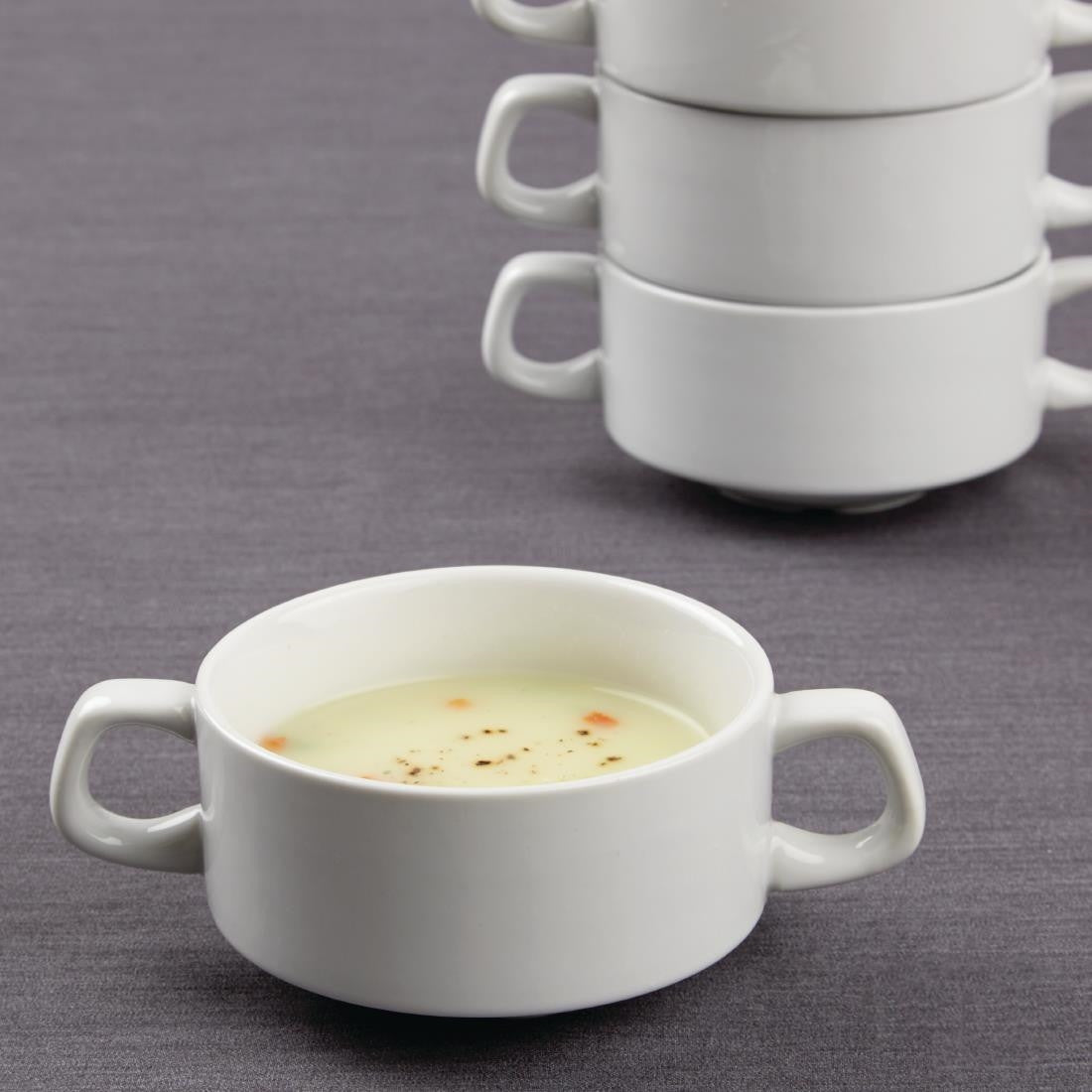Olympia Athena Stacking Soup Bowls with soup with stacked Olympia Athena Stacking Soup Bowls  in background.